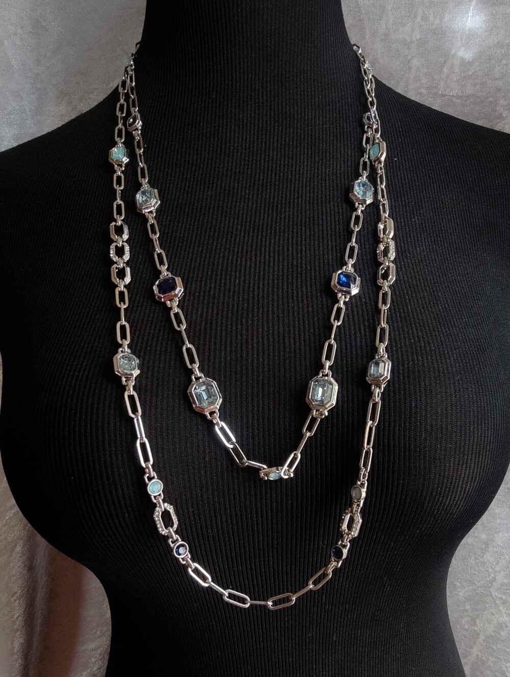 White House Black Market Double Strand Paperclip Chain Necklace Blue Crystal
